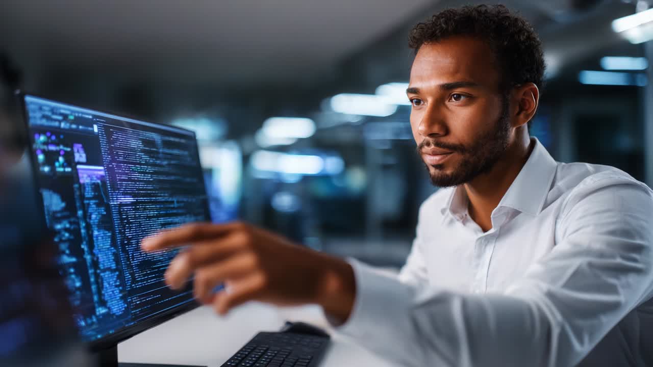 Professional Male Programmer Analyzing Code on a Dual Monitor Setup in a Modern Office Environment, Highlighting the Intricacies of Software Development and Advanced Technology Usage