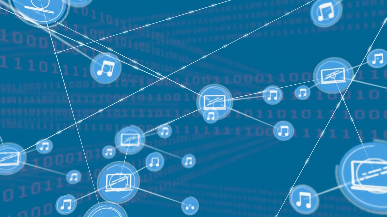 Animation of network of connections with icons and binary coding data processing