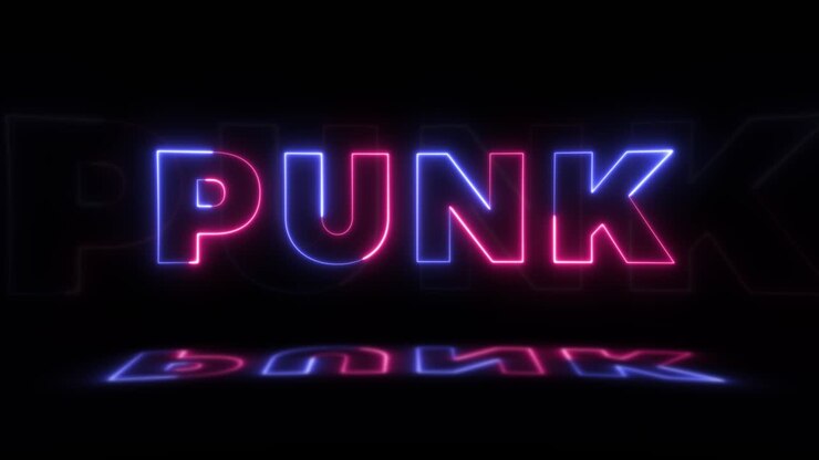 Neon glowing word 'PUNK' on a black background with reflections on a floor. Neon glow signs in seamless loop motion graphic