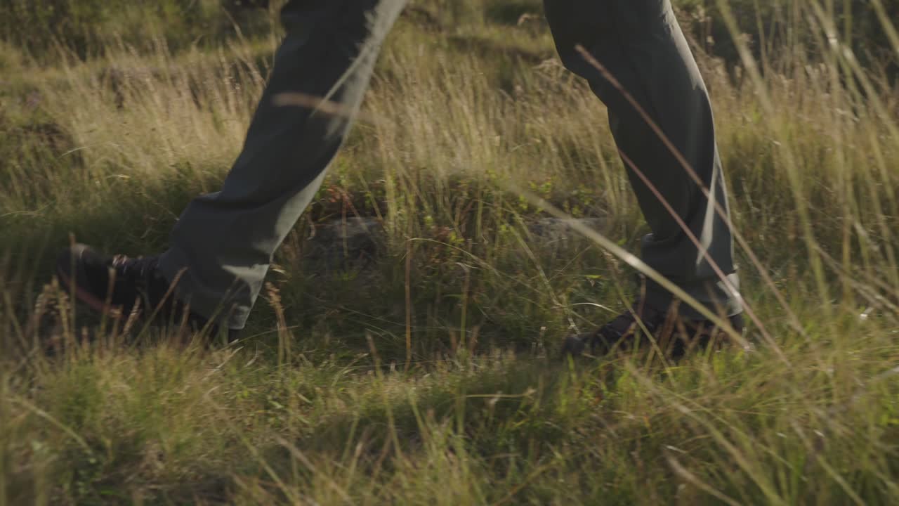 Peaceful nature shot of a person walking slowly through high alpine grass in Kühtai, Austria. Ideal for wellness, lifestyle, or slow travel videos