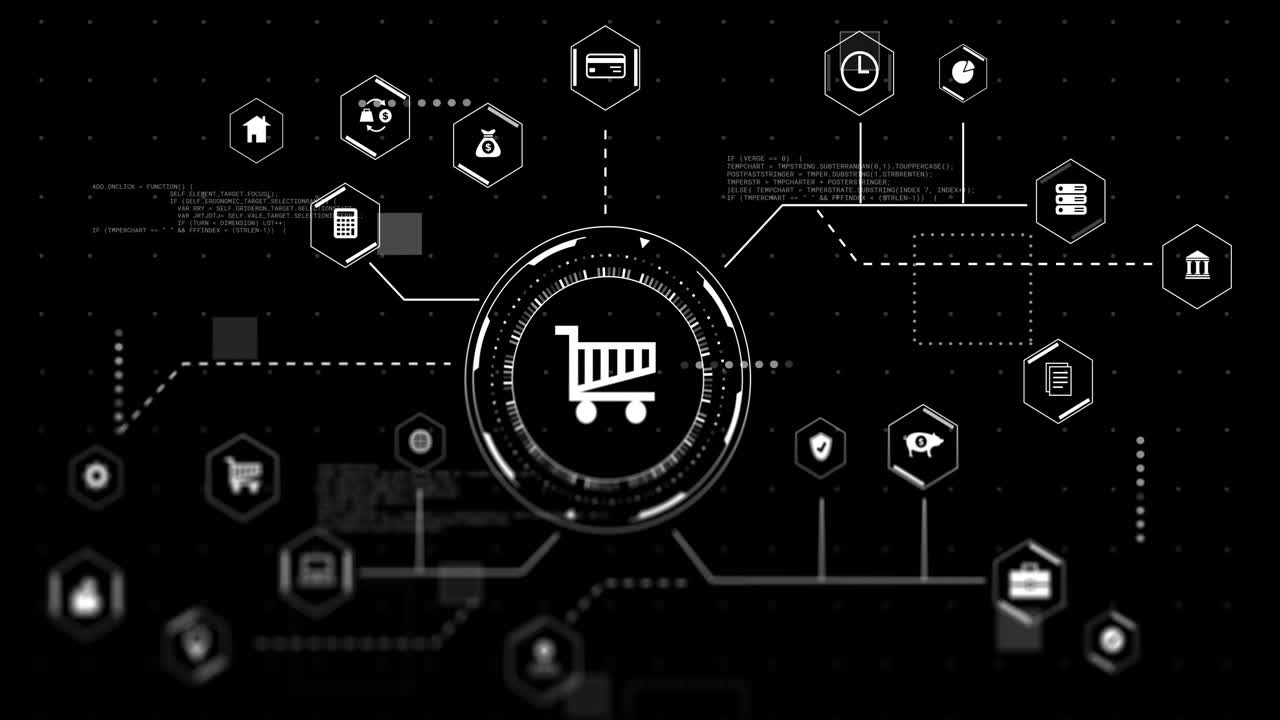 Animation of trolley and business icons with data processing over black background