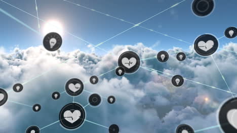 animación de la red de conexiones con iconos sobre nubes en el cielo