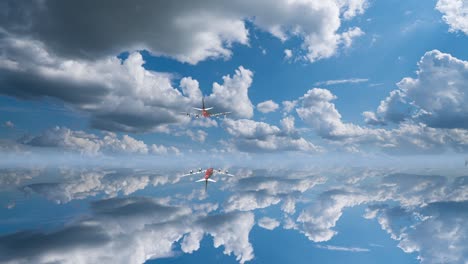 private airplane flying over clouds: aerial view of a small jet plane during a flight over the ocean, video loop