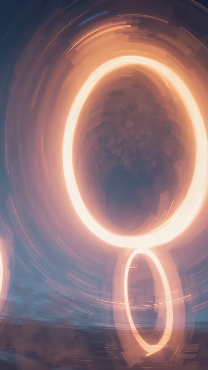 Vertical video: Rotating camera showing two warm rings making long light trails above dusk horizon