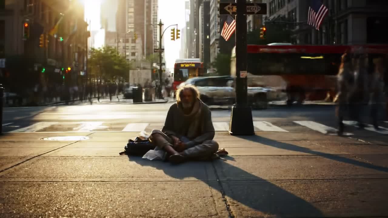 In the bustling metropolis of New York City, a moment captures the challenges of street life as a person sits quietly on the sidewalk during sunset.