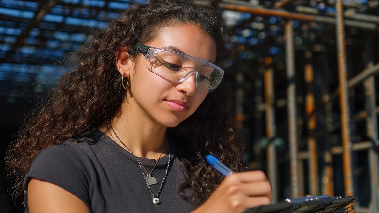Focused Young Woman in Safety Glasses Engaged in Note-taking at Construction Site, Demonstrating Professionalism and Attention to Detail Amidst Structural Framework