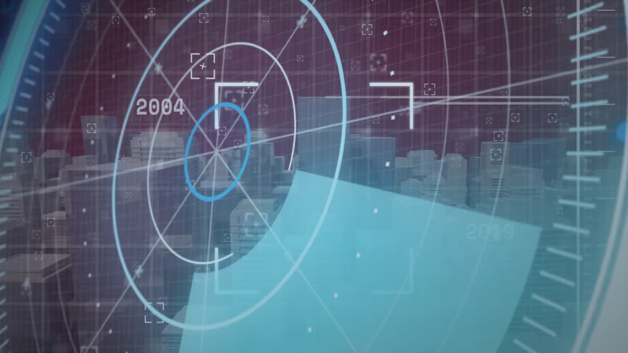 animación del procesamiento de datos y escáner redondo sobre modelo de ciudad 3d contra fondo negro.