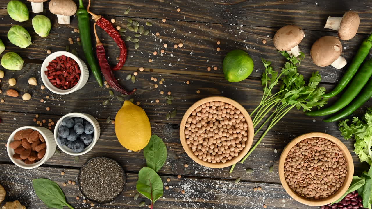 Diversi tipi di frutta, verdura e fagioli su una superficie in legno