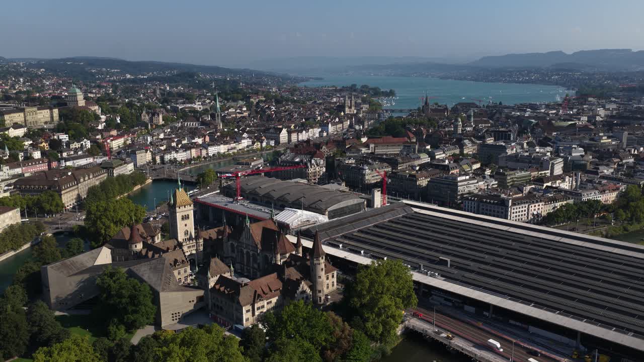Aerial drone video of Zurich city views, Zurich Lake, cathedrals, skyline, and Limmat River