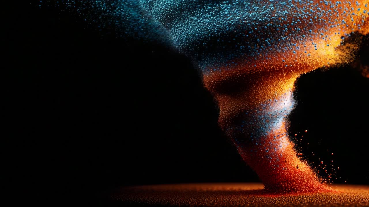 Mesmerizing Colorful Dust Tornado Forming and Whirling with Intricate Patterns Captured in Motion Against a Dark Background, Showcasing Nature's Dynamic Beauty and Energy
