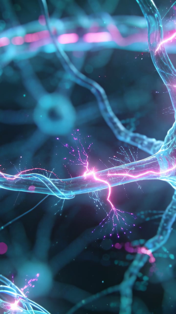 Blue neurite carrying pink pulse triggered by synaptic input, creating sparks for neural signaling