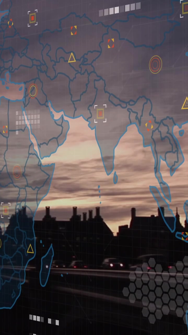 Animation of world map and data processing over london cityscape