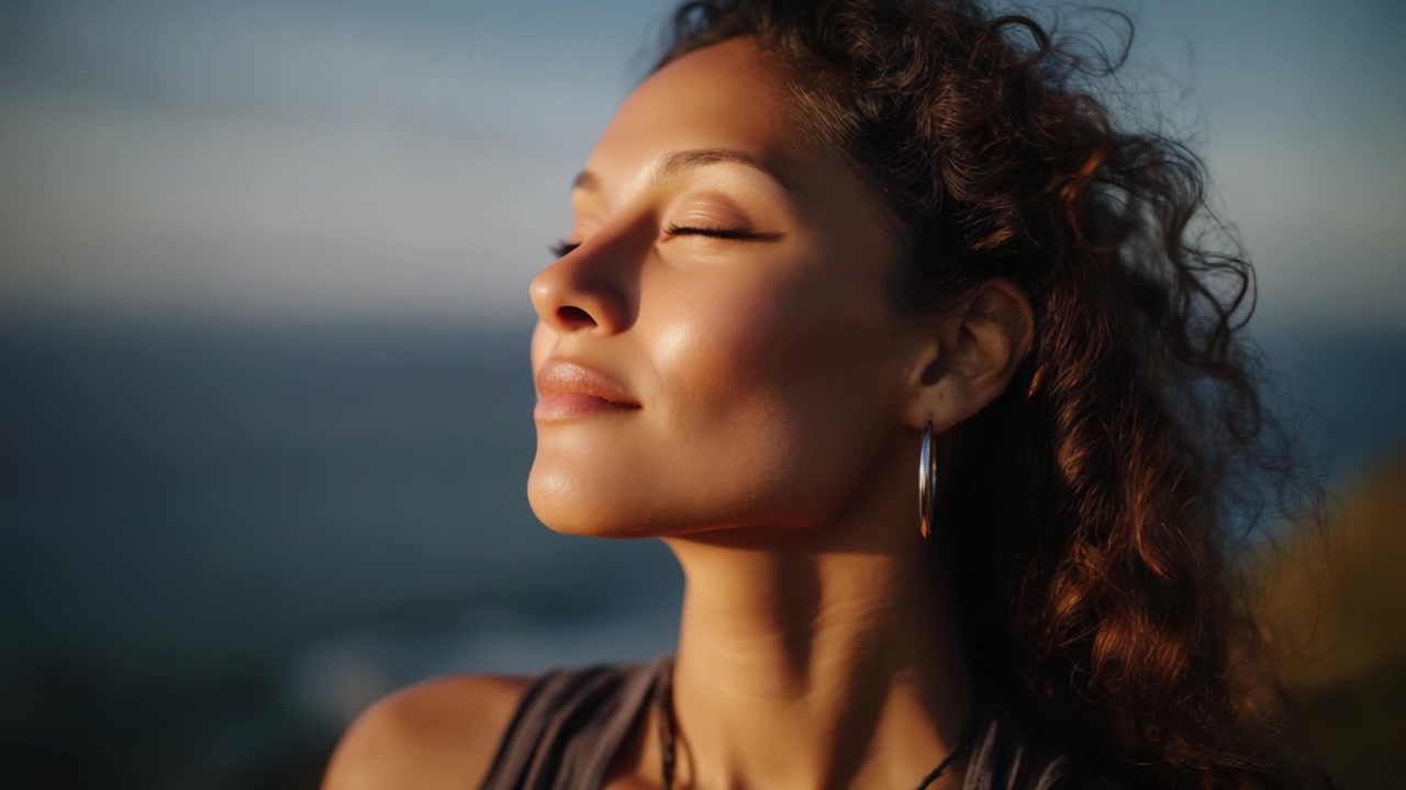 A Serene Moment of Joy: Embracing Nature's Beauty with Closed Eyes and a Peaceful Smile at Sunset