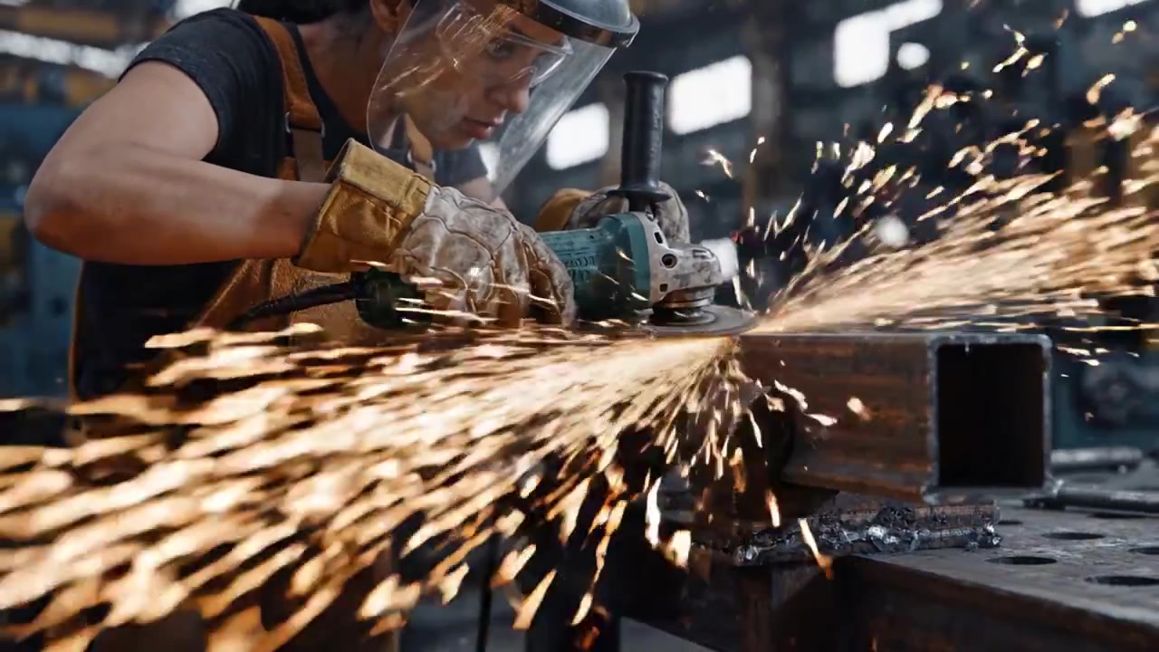 Um Trabalhador Habilidoso Engajado na Retificação de Metal, Criando Faíscas e Precisão em uma Oficina Moderna: Uma Jornada de Artesanato e Foco