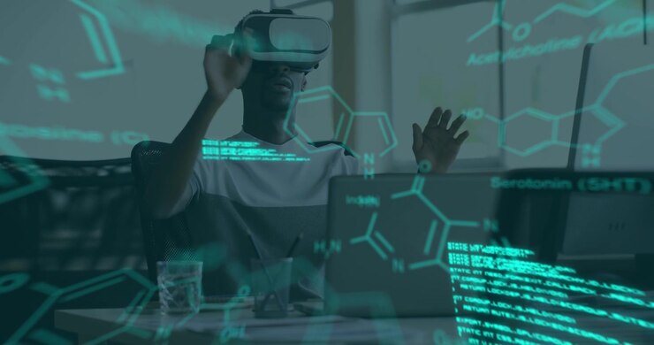 Animation of scientific data over arfican american man wearing vr headset in office