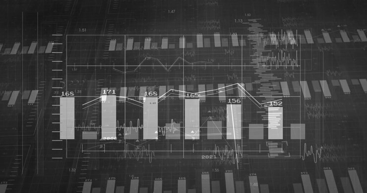 Digital dashboard displaying transparent bar charts and overlaid line graphs, tracing data trends