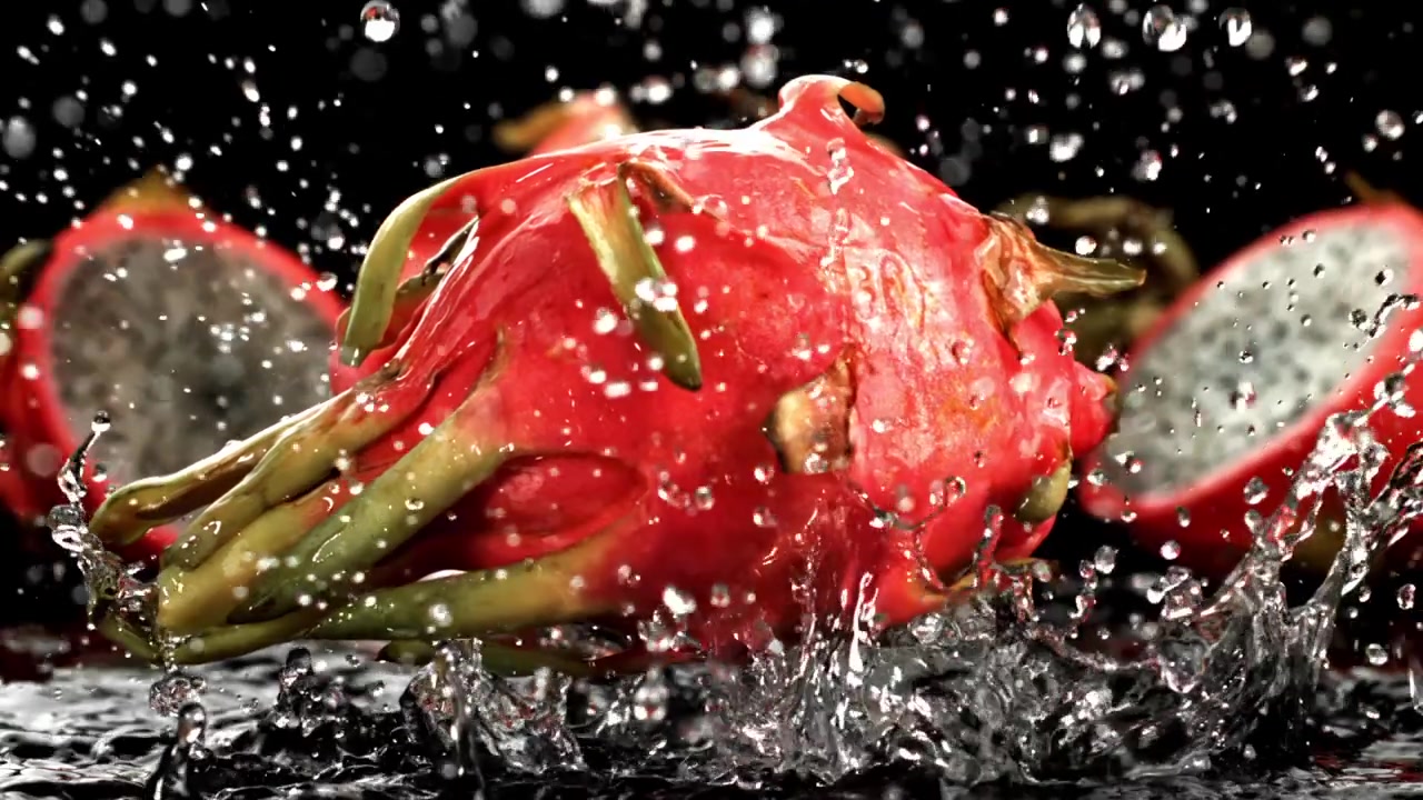Frutto del drago fresco che cade e schizza nell'acqua