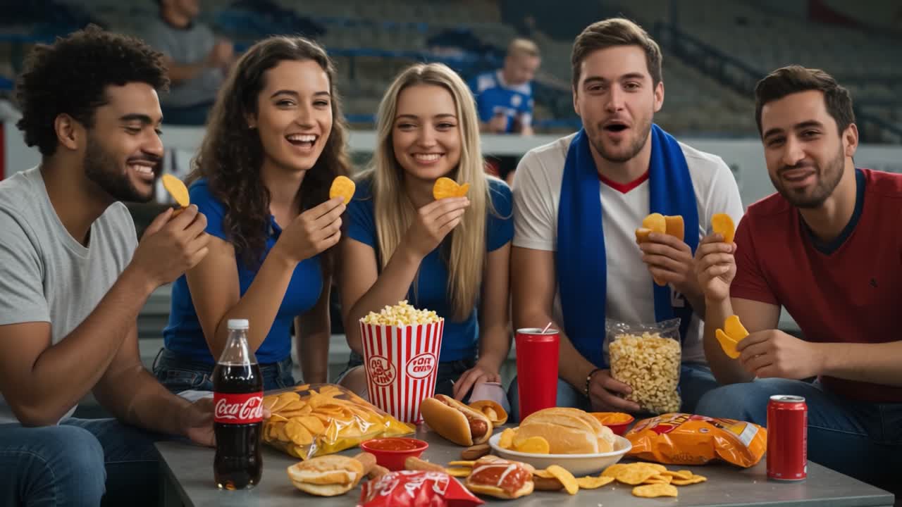 Um grupo de amigos desfrutando de um encontro animado cheio de lanches e risadas enquanto assiste a um jogo emocionante no estádio, mostrando entusiasmo vibrante, camaradagem e alegria