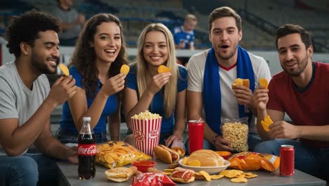 a group of friends enjoying a lively gathering filled with snacks and laughter while watching a thrilling game at the stadium, showcasing vibrant excitement, camaraderie, and joy
