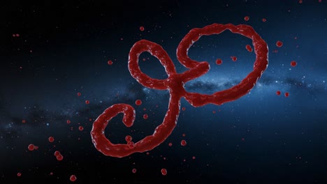 an artistic representation of a virus in space, featuring distinctive red filamentous structure against a cosmic background, capturing the essence of microscopic life in the universe