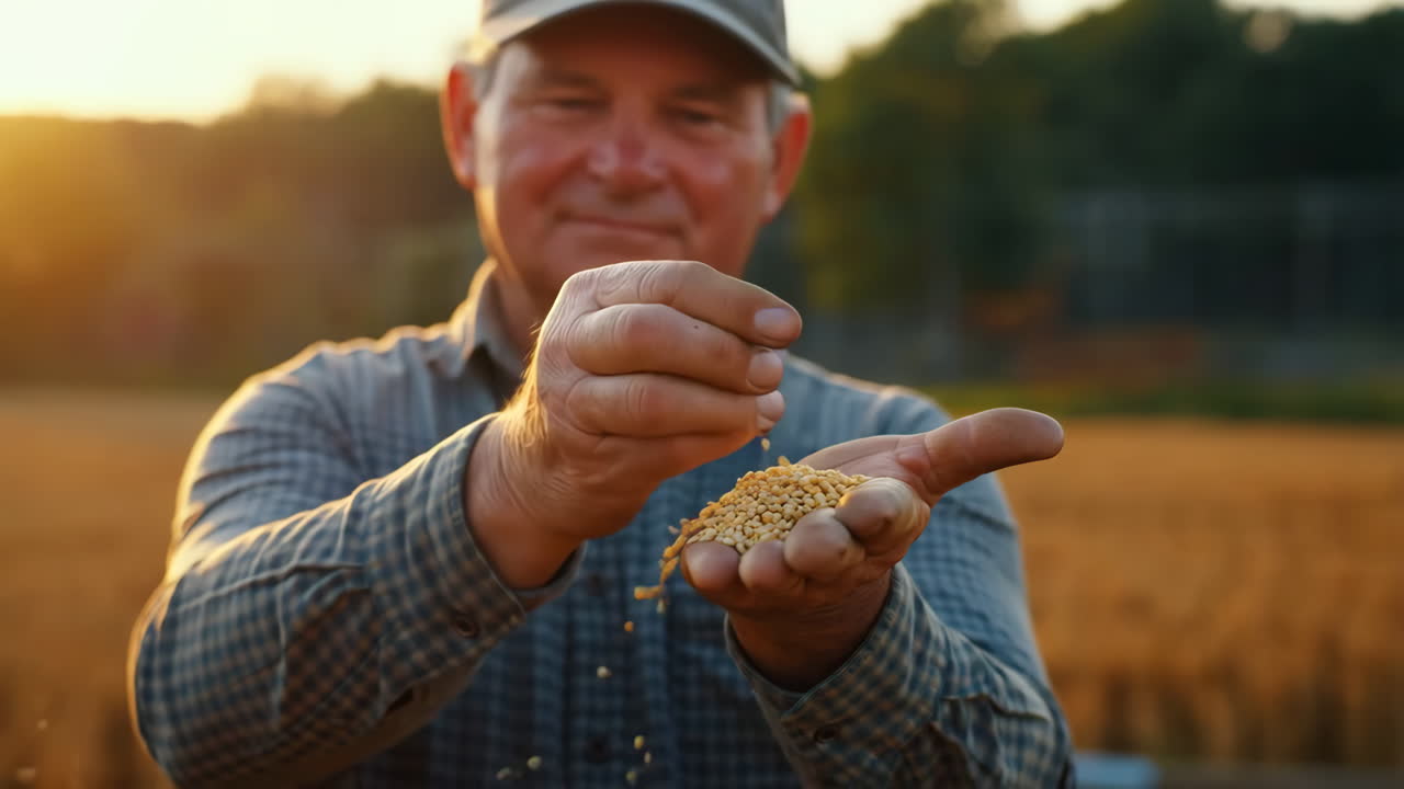 A farmer inspecting grains in his hands during sunset