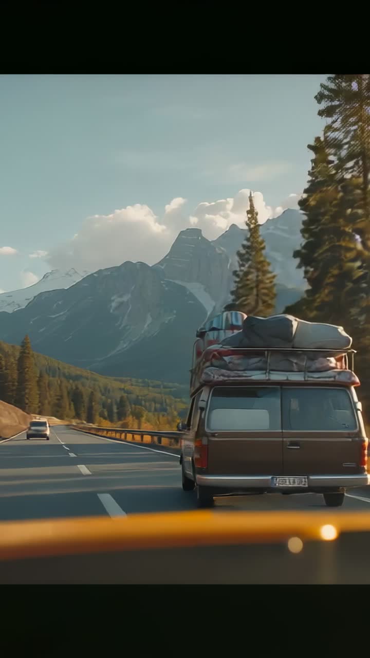 Vertical video: Emerging van with roof bags traveling along highway upon entering frame, copy space