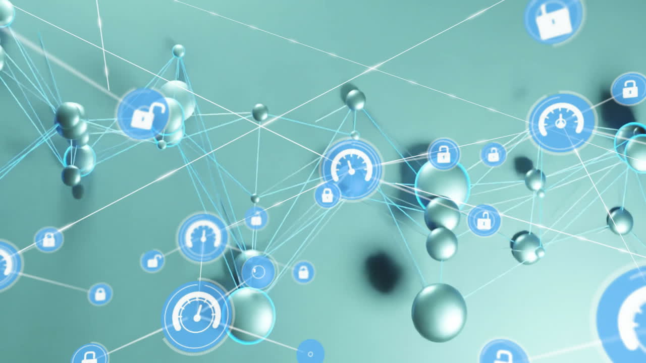animación de conexiones de red e iconos de seguridad sobre un fondo abstracto