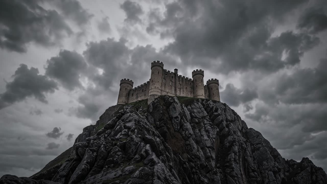Dramatic video concept of a medieval castle shrouded in mist atop rocky cliffs
