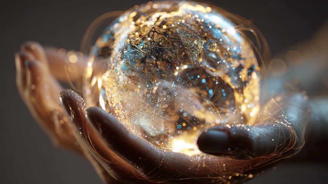 Feminine hands gently holding a glowing, abstract representation of planet Earth, with shimmering lights and data streams symbolizing global connection, communication, and technological advancement