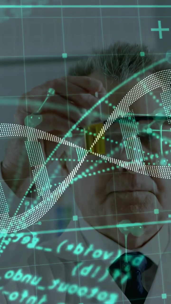 Vertical video: Medical researcher reaching into frame, picking up vial, inspecting against DNA HUD