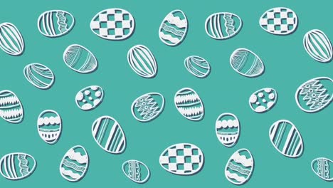 Animation-of-white-patterned-Easter-eggs-moving-in-rows-on-green-background