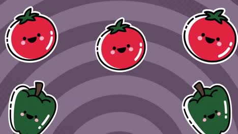 animation of peppers and tomatoes moving on violet background