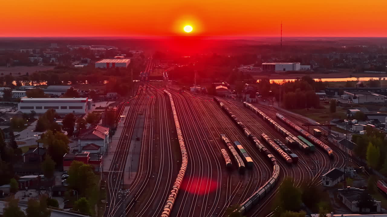 Sunset over a train yard, with long tracks stretching toward the horizon and a vibrant sky