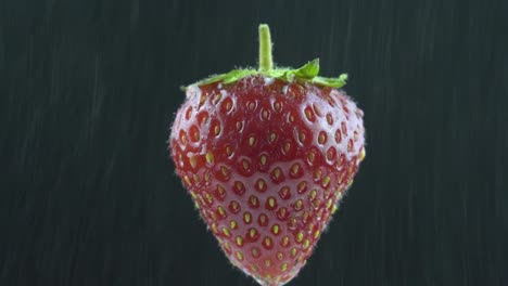 delicious strawberry rotates under water drops. on a black background