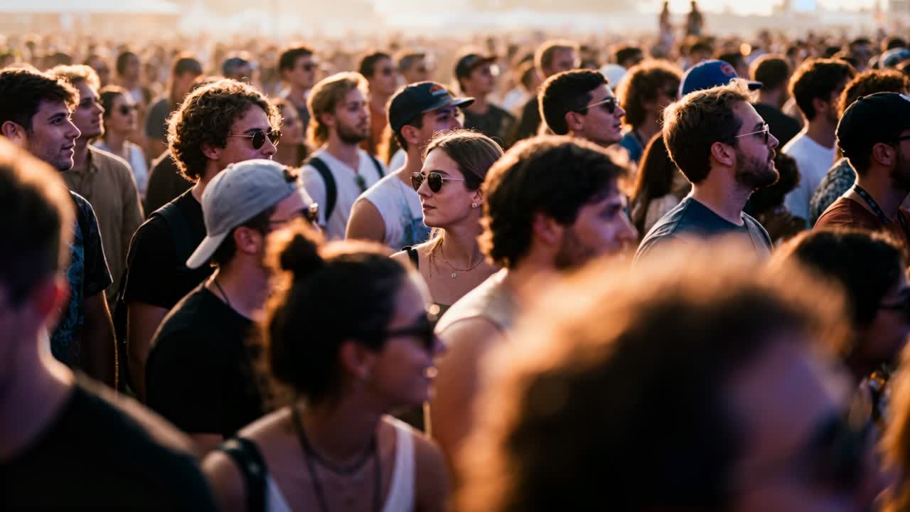 Cambiando la messa a fuoco, la telecamera rivela una donna con occhiali da sole rotondi che si centra nell'inquadratura a un festival per enfatizzare.