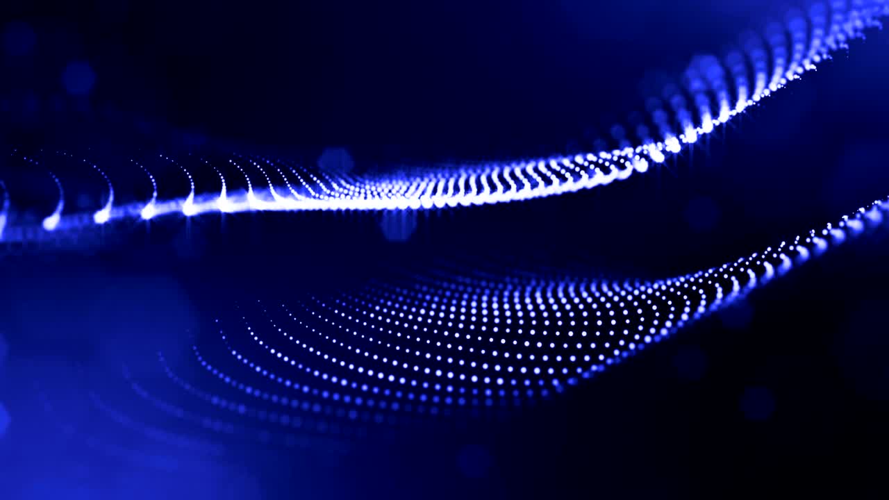 3d blue background with fantastic luminous particles. Looped 3d animation with depth of field, light effects. Modern digital background. Curved lines 19