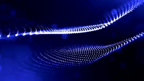 3d blue background with fantastic luminous particles. looped 3d animation with depth of field, light effects. modern digital background. curved lines 19
