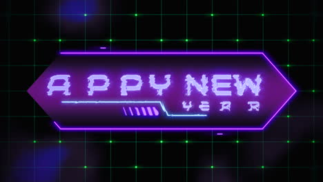 Happy-New-Year-text-on-digital-screen-with-HUD-elements-and-grid