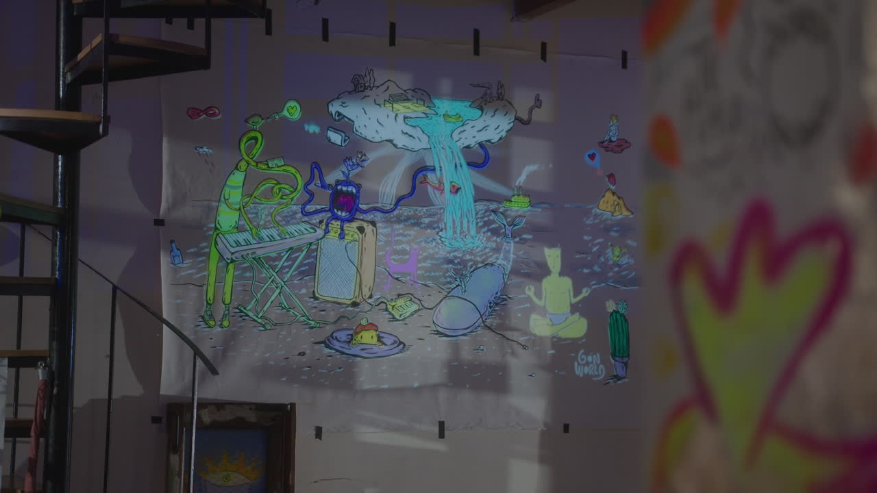 Hand-Drawn Animated Cartoon on a Projection Screen in Dark Room
