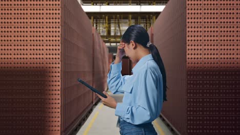 side view of asian female with her tablet with red brick packed in stacks are stored, checking with dissapionted and nodding her shead