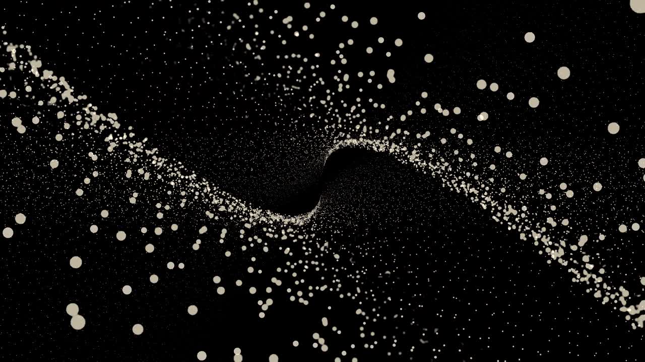 추상적인  점 구름은 검은 바탕에서 동시에 앞뒤로 움직이며, 원활한 루프, 애니메이션, 놀라운 볼, 작은 입자의 애니메이션 비행, 모노크롬