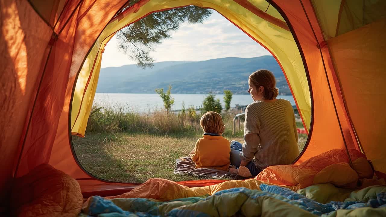 Enjoying a peaceful sunset view from a colorful camping tent