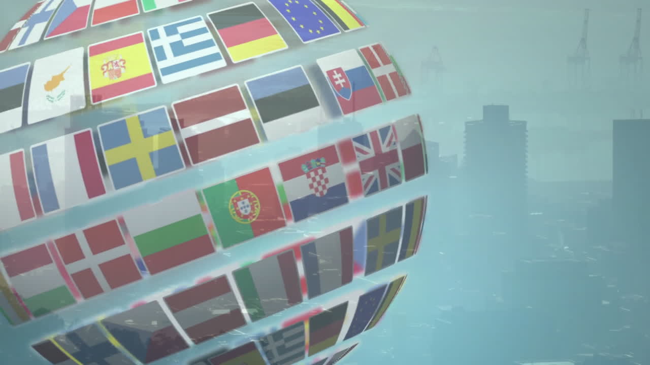 Rotating globe with various national flags animation over cityscape background