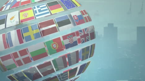 rotating globe with various national flags animation over cityscape background