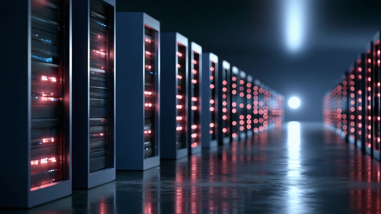 An Intriguing Glimpse into a Modern Data Center with Rows of High-Tech Servers Illuminated by Red Lights, Showcasing Cutting-Edge Technology and Robust Infrastructure