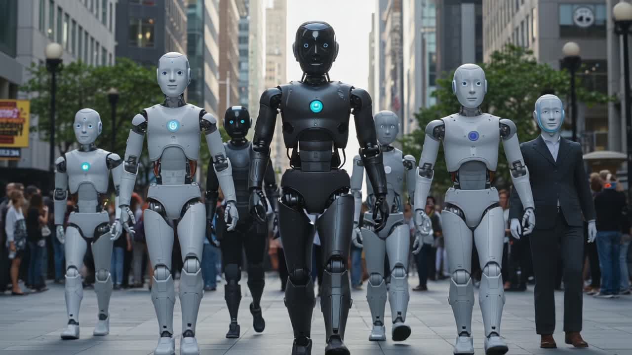 A Future Vision: A Diverse Group of Humanoid Robots Marching Through a Modern Cityscape, Highlighting Advances in Robotics and Artificial Intelligence