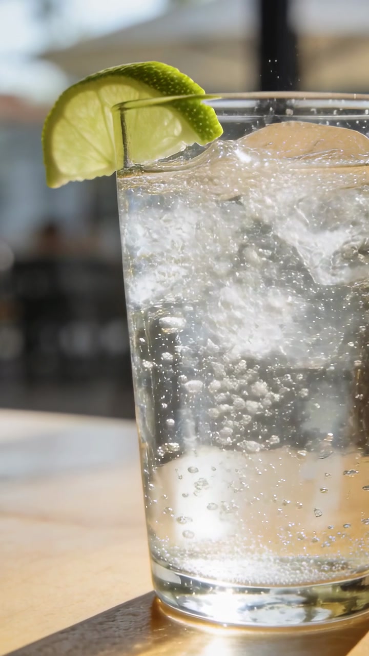 Vertical video: Fizzing glass of soda sending bubble columns as ice melts near window, lime wedge