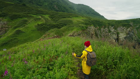 woman hiking in a lush mountainous landscape