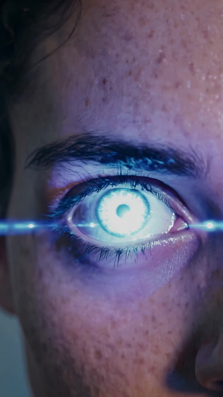 Close-up video of a human eye with a glowing blue iris, shot from a frontal angle