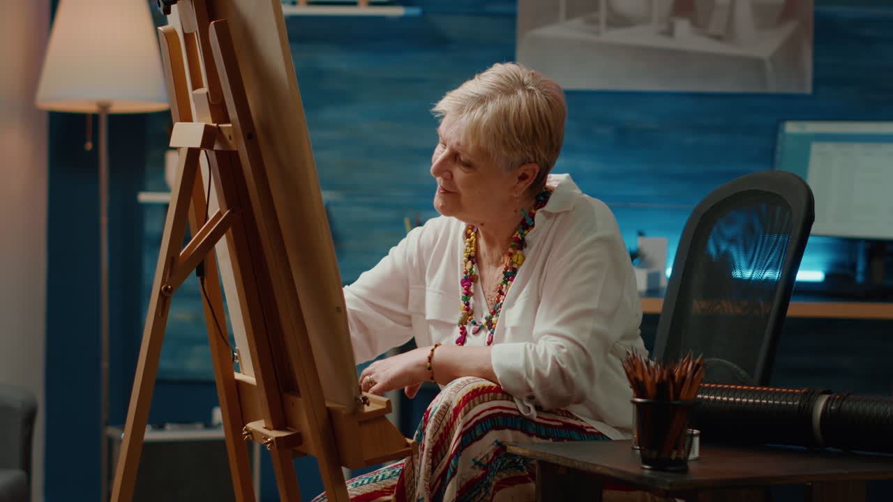 Senior person drawing masterpiece with authentic model
